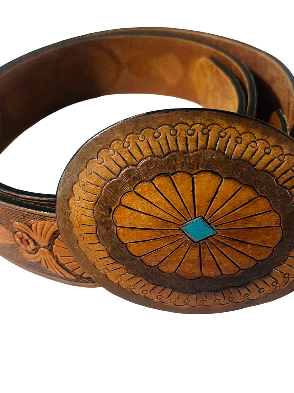 VTG Babbit Brothers Hand-Tooled Brown Leather Western Belt with Turquoise Accent